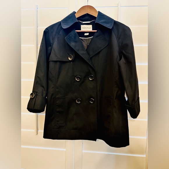 S • White House Black Market Double-Breasted Trench Coat – Black Classic Jacket. - Picture 3 of 12